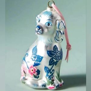 Anthropologie Nathalie Lete Blue Floral Dog Glitterville Glass Ornament